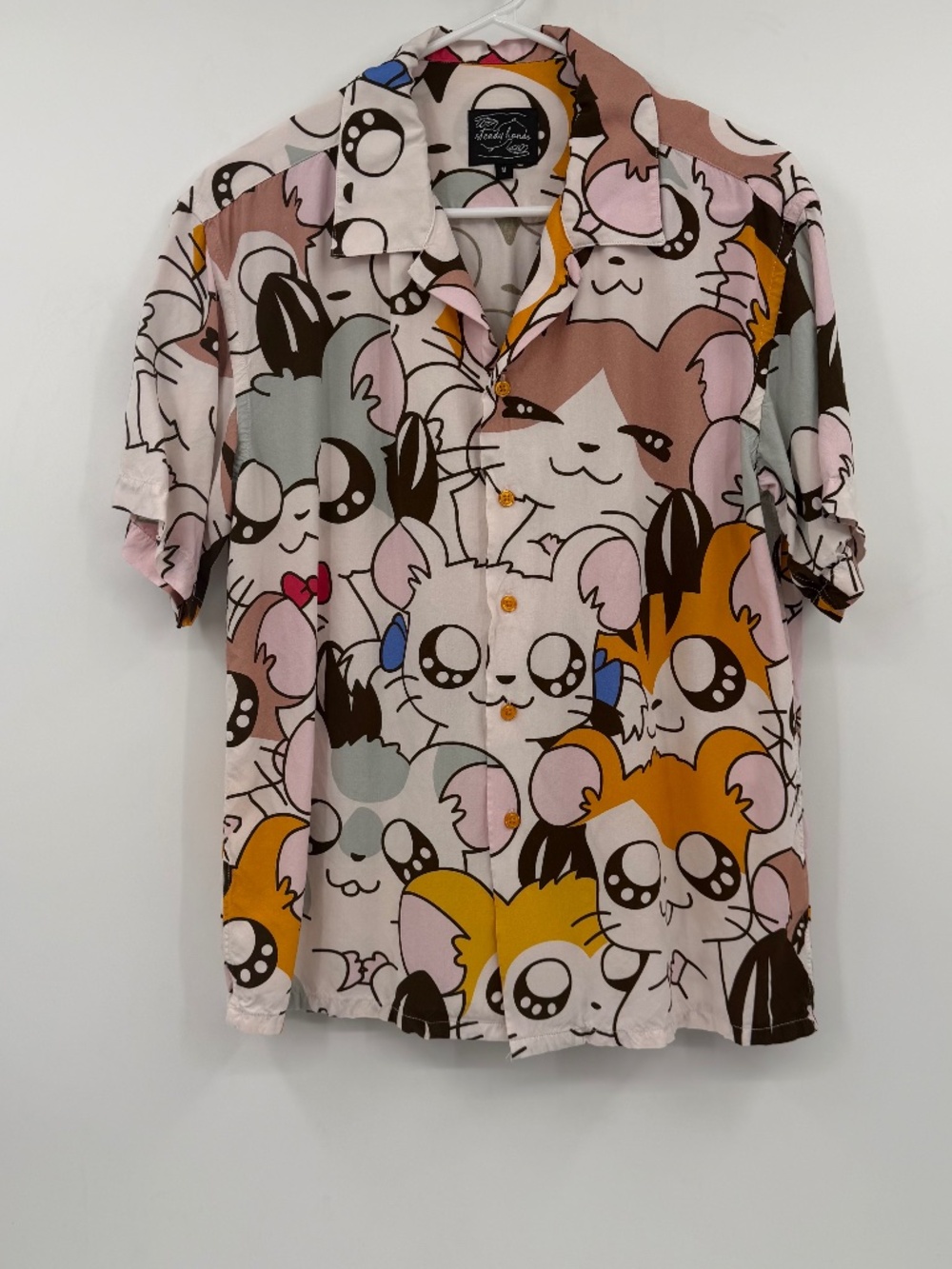 Steady Hands Shirt Men Medium Ivory Hamtaro Hamster Button Up Short Sleeve Rayon